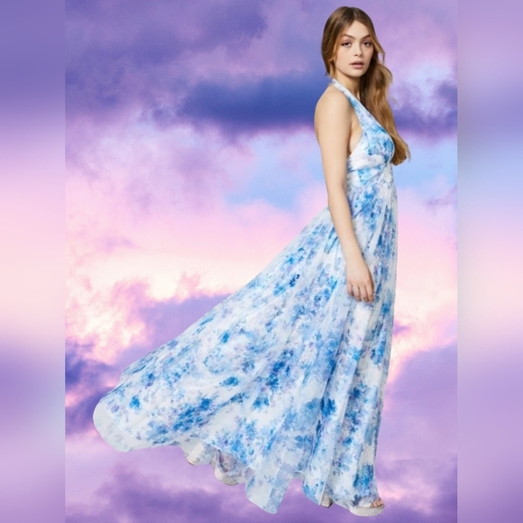 BCX Blue Floral Halter Gown - Picture 1 of 12